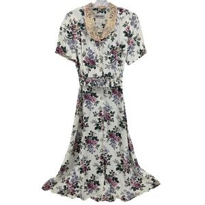 Vtg‎ 90's Midi Dress 10 White Floral Button Front Lace Collar Belt Cottagecore
